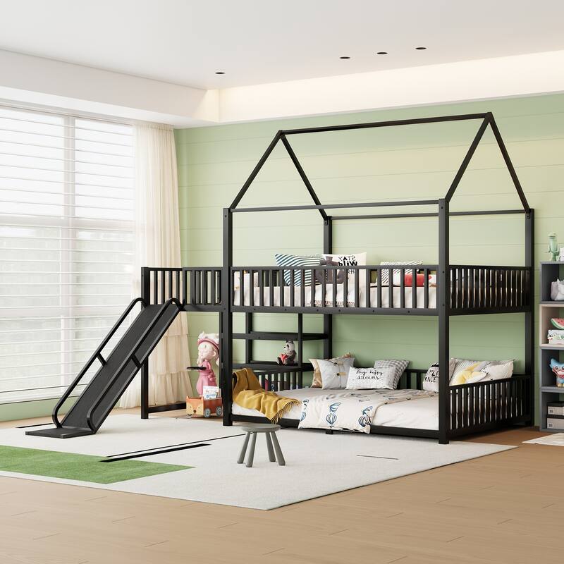House Themed Bunk Bed with Storage Stairs, Slide and Safety Guardrails