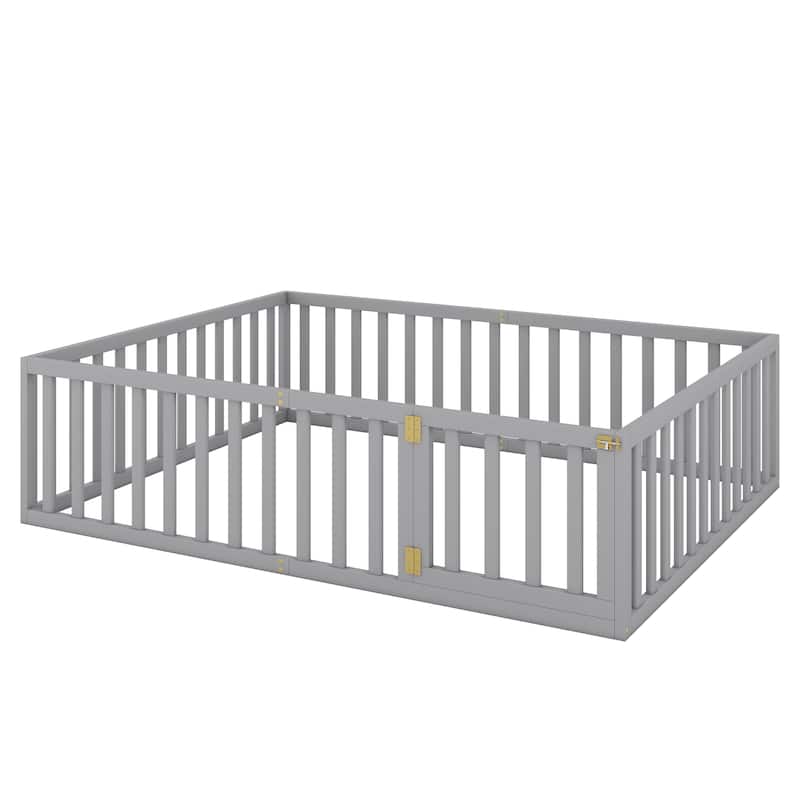 Queen Size Wood Floor Bed Frame with Fence and Door