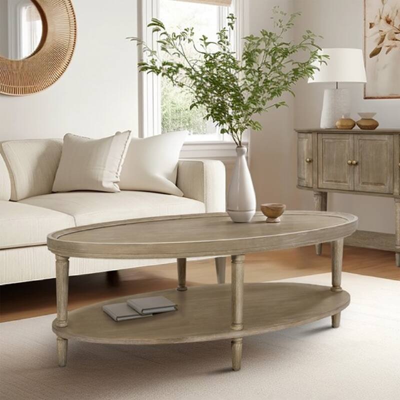 Roomfitters 48-Inch Oval Coffee Table, Martha Stewart Bedford Collection, Reclaimed Greige with Turned Legs and Storage Shelf
