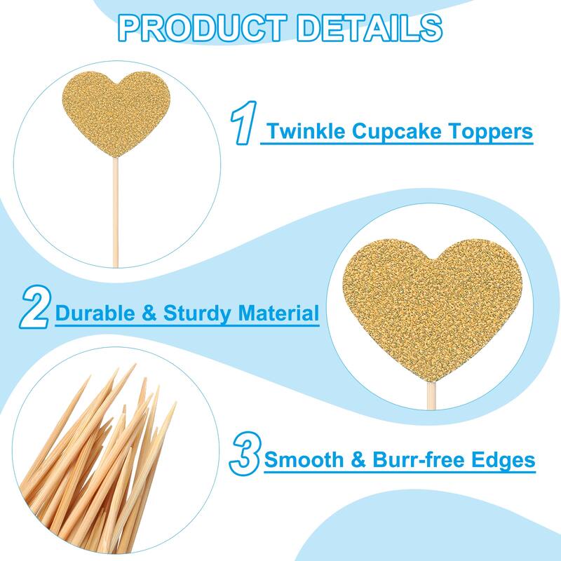 50Pcs Heart Cupcake Toppers,Star Cupcake Picks Birthday Decoration