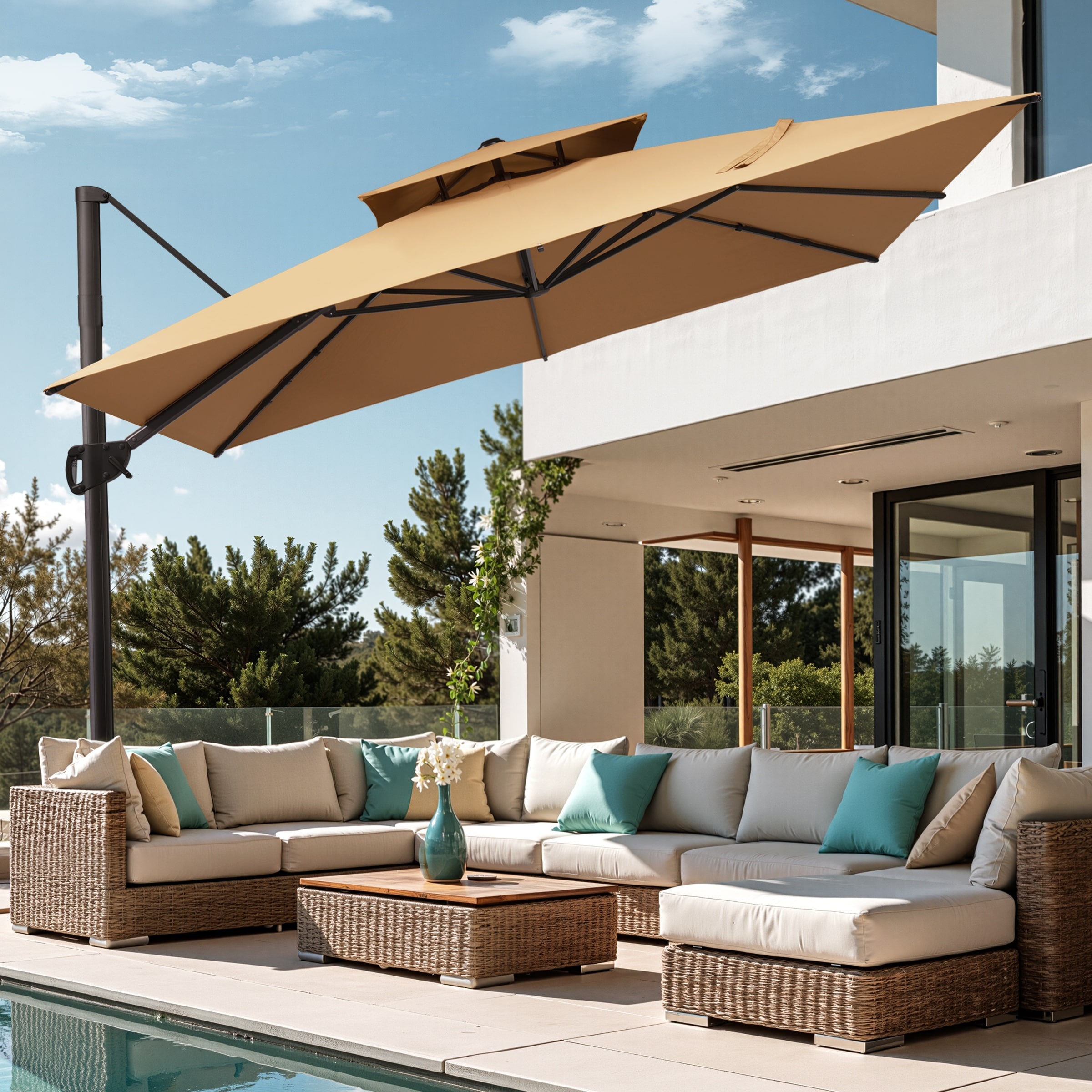 11 double layer patio umbrella COSTWAY Pieces Dining Set With 15 Feet Double-Sided Patio and Base-Beige – REBEL The strong 11 Pieces Patio Dining Set
