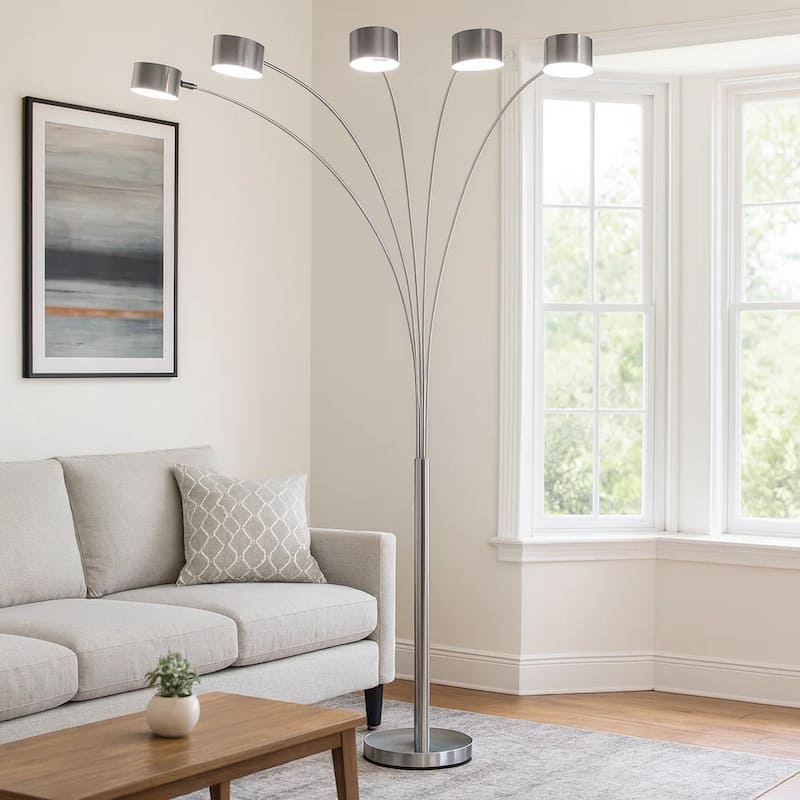 5 Arm Arched Floor Lamp, 84 Inch Chrome Metal Sleek Stem, Round Base