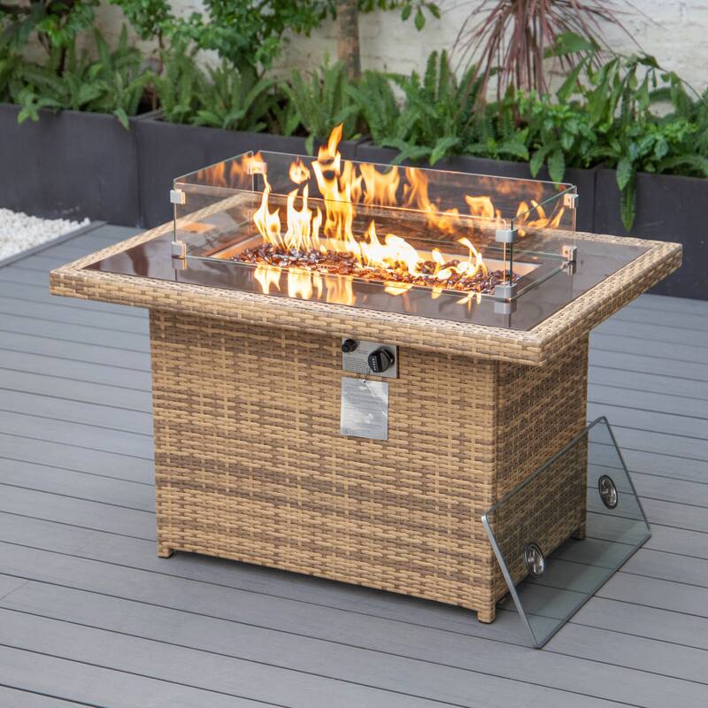 LeisureMod 44" Outdoor Fire Pit Table with 55,00 BTU - Rectangular Wicker Rattan Table for Lounge Porch Backyard Patio Decor