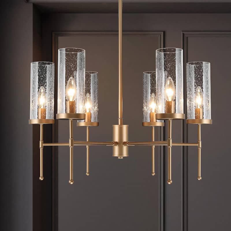 Mid-century Modern Gold 6-Light Glass Wagon Wheel Chandelier for Dining Room - D23'' x H30''