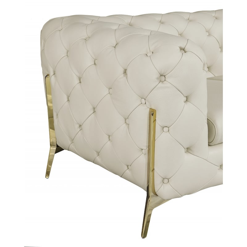HomeRoots 93" Beige Italian Leather Sofa With Silver Legs - 31" H x 93" W x 38" D