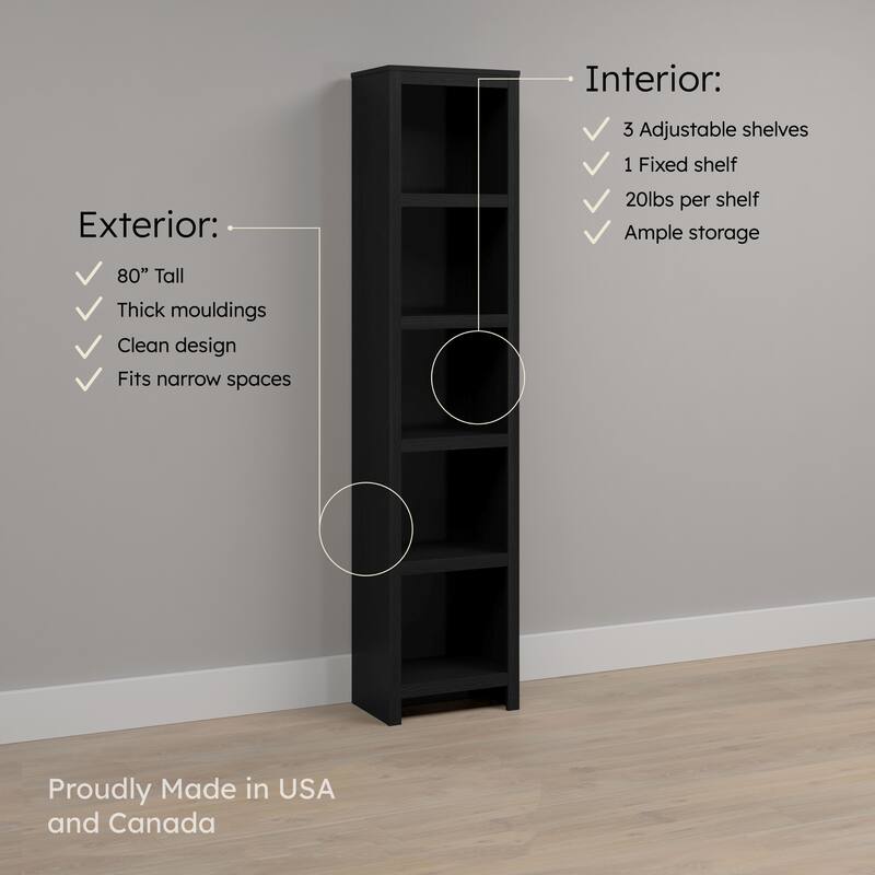Prepac Moda 80" H 5-Tier Narrow Bookcase, Modern Storage Accent Bookshelf with 3 Adjustable Shelves for Home Office, Living Room