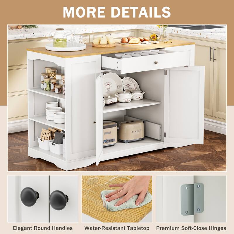 53" Mobile Kitchen Island Cart with Trash Can Cabinet, Spice Rack, Drawer & Towel Bar