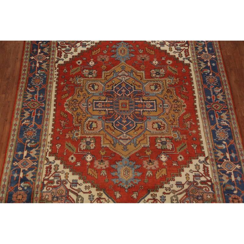 Heriz Serapi Indian Rug Hand-Knotted Medallion Orange Wool Carpet - 9'0"x 11'11"