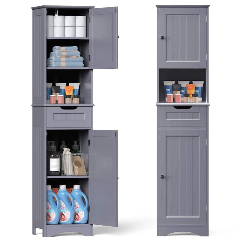 67'' Tall Bathroom Narrow Linen Cabinet, 5 Tiers Solid Wood Freestanding Storage Cabinet - Grey
