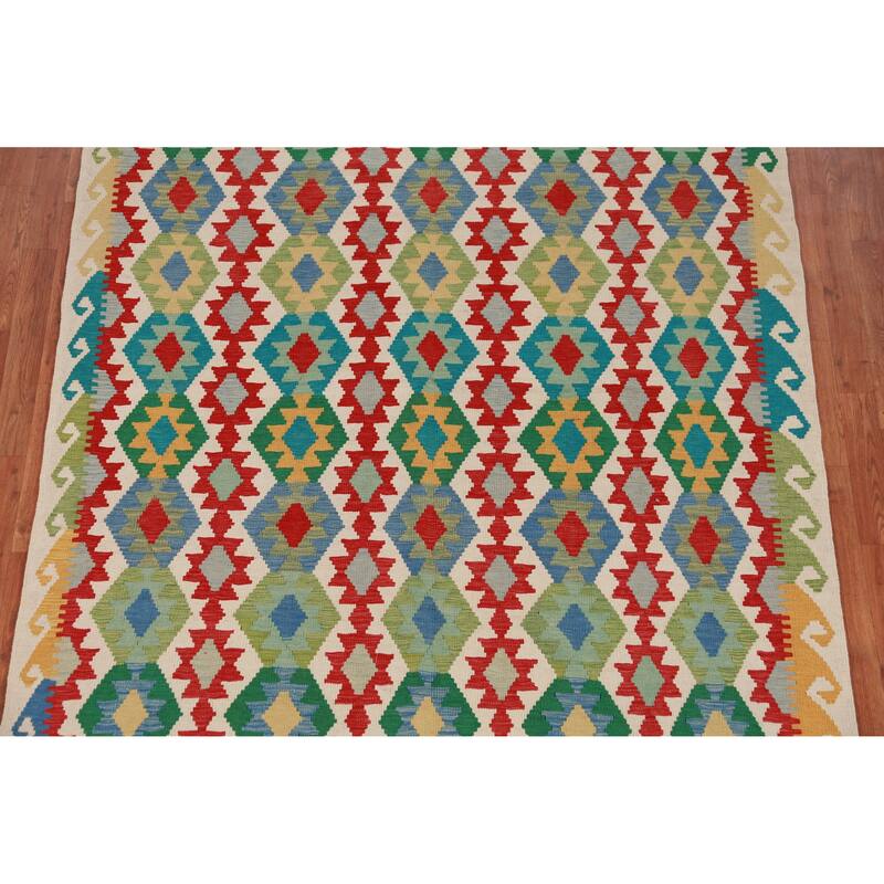 Hand Woven Oriental 100% Wool Carpet Southwestern Geometric Multi-Colored Kilim Area Rug - 8' 5'' X 6' 0''