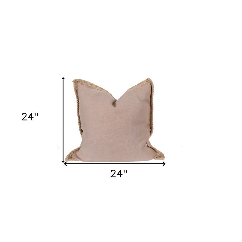 HomeRoots 24" X 24" Beige and Brown Polyester Zippered Pillow with Jute Trim