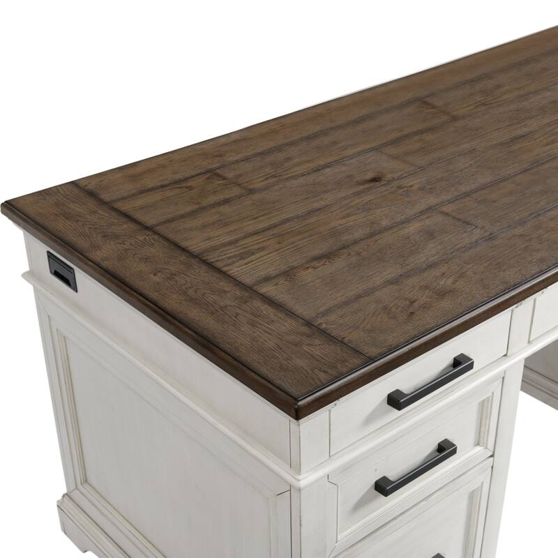 Drake Home Office 66" Wide Executive Desk, Rustic White & French Oak