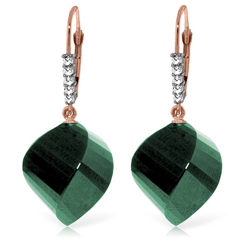 14K Solid Gold Leverback Earrings Diamonds & Briolette Emeralds - Rose
