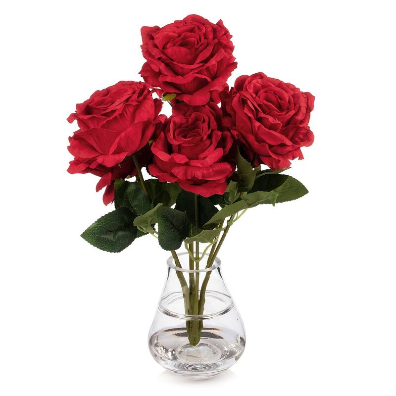 Enova Home 7 Head Artificial Silk Rose Flowers in Clear Glass Vase with Faux Water for Home Office Decoration - N/A