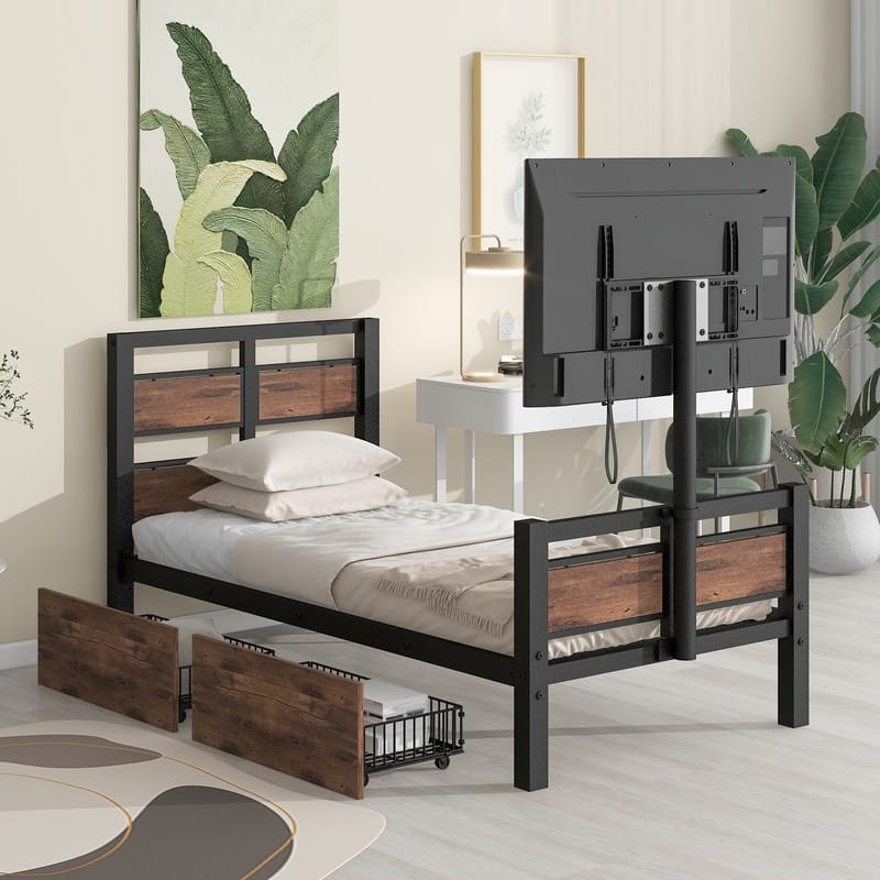 Metal Twin Size Platform Bed with 2 Drawers and Rotatable TV Stand - Black
