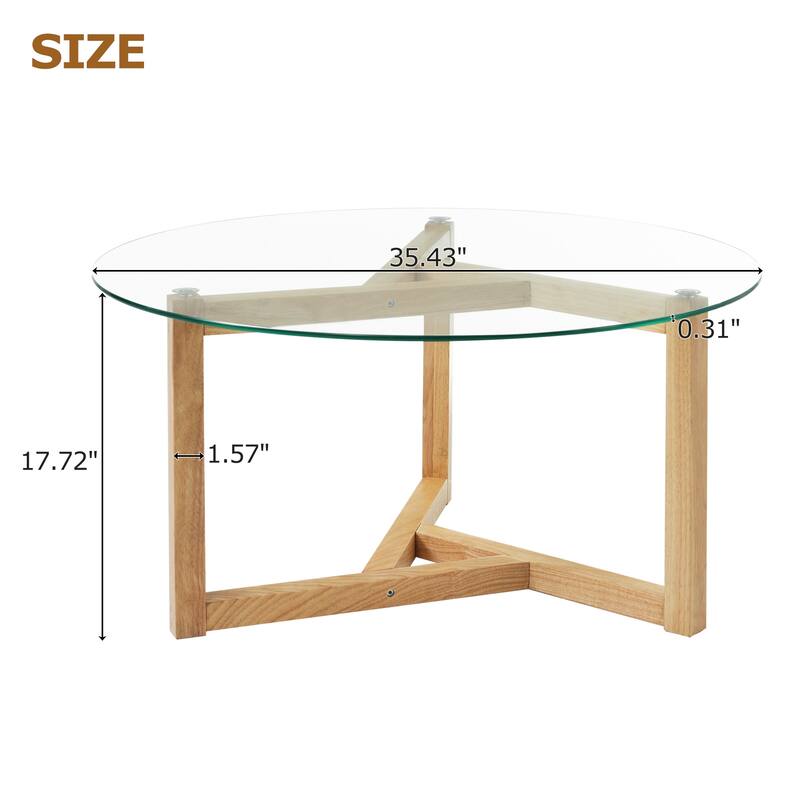 35.43" Modern Coffee Table with Tempered Glass Top and Sturdy Wood Base