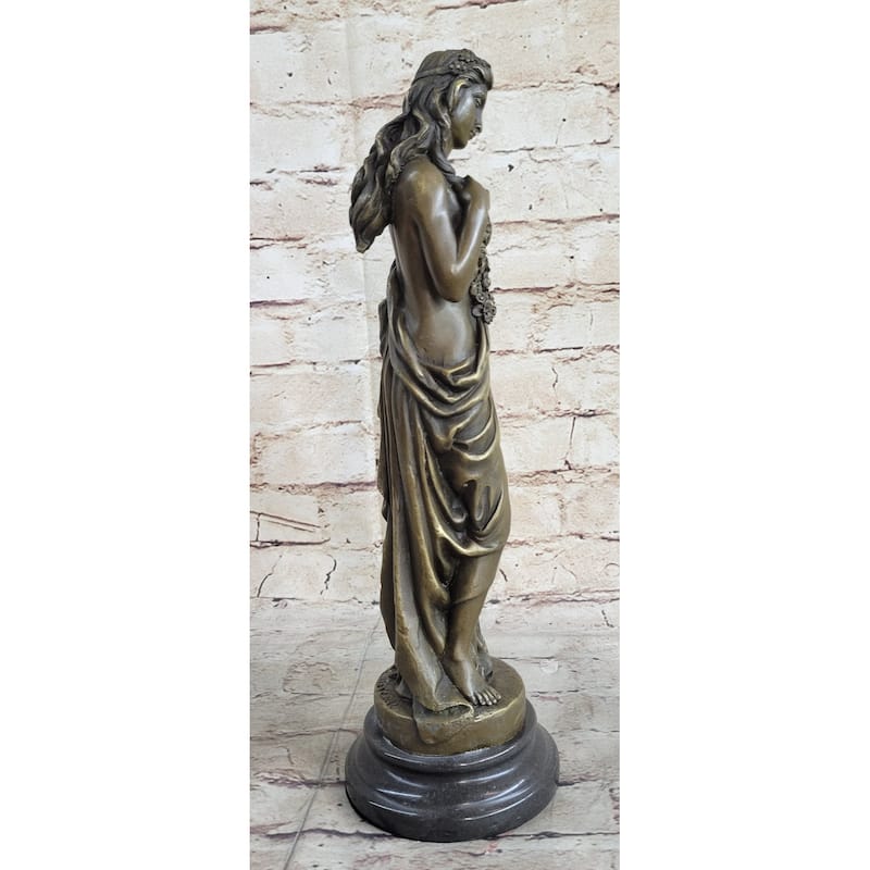 Young Girl Holding Floral Wreath Lei Bronze Statue Sculpture Figure 13 Inches X 4 Inches