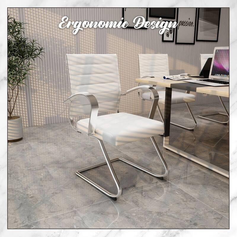 Benmar Modern Leather Office Chair with Stainless Steel Sled Base, Floor Caps, Ergonomic Desk Chair for Home Office or Workspace