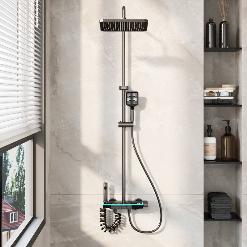 Shower System with LED Temperature Display, 4 Function Piano Button Shower Panel with Rainfall Shower Head, Handheld Shower