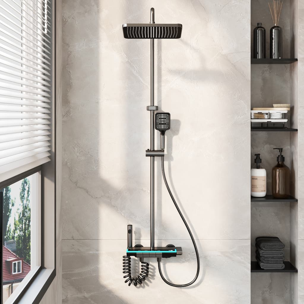 Shower System with LED Temperature Display, 4 Function Piano Button Shower Panel with Rainfall Shower Head, Handheld Shower