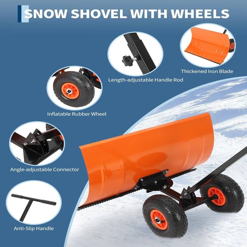 20Inch Wide Snow Shovel with Wheels Adjustable Snow Pusher with 5-Position Angle and Height Handle