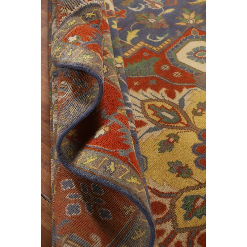 Hand Knotted Oriental 100% Wool Carpet Traditional Medallion Navy Blue & Blues Heriz (serapi) Area Rug - 14' 1'' X 9' 11''