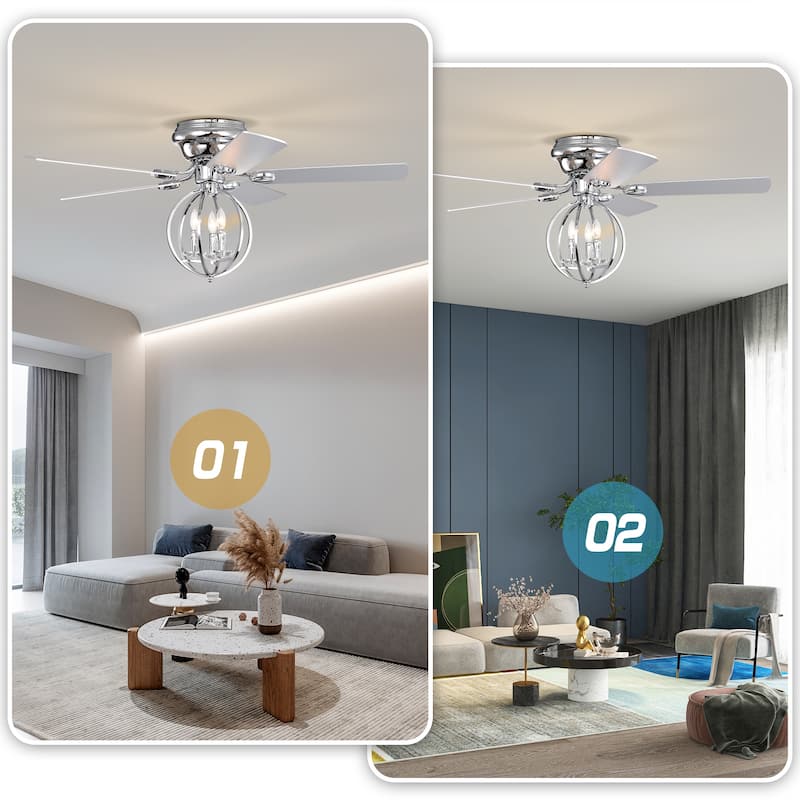 5-blade 52-inch Chrome Ceiling Fan with 3-Light (NO INCLUDE BULB) Chandelier (Remote Controlled)