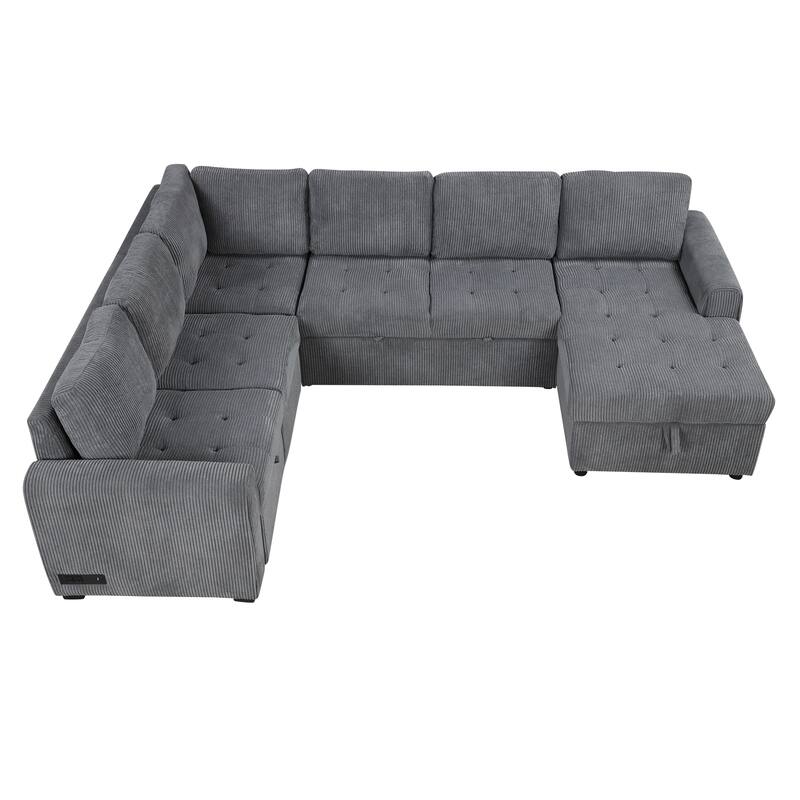 Grey 107.5" U-Shaped 5-Seater Sectional Sofa with Pull-Out Bed, Storage Chaise Lounge, USB Ports, and Power Outlets
