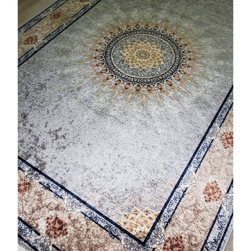 La Dole Rugs Blue Cream Beige Bordered Machine Washable Area Rug Carpet For Living Room Bedroom