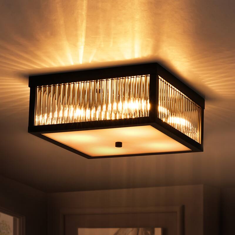 12.2 in. 4-Light Industrial Black/Gold Square Flush Mount Ceiling Light with Clear Glass Rods