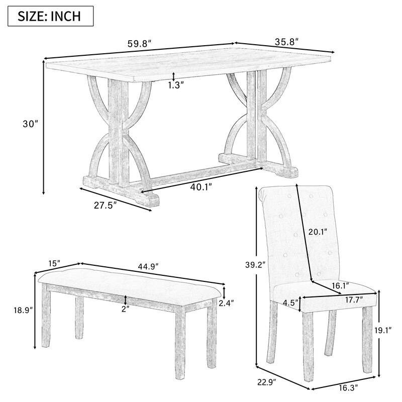 6 Pcs Wood Dining Table Set, Rectangular Kitchen Table Set with Unique Legs, 4 Upholstered Chairs and 1 Padded Bench