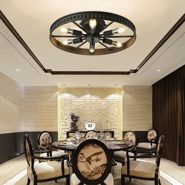 6 Heads Wagon Wheel Flush Mount Light Rustic Black Ceiling Light 18 Inches A1524