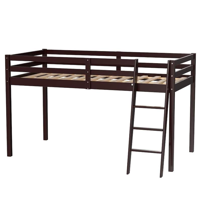 Espresso Wood Junior Loft Bed with Stairs for Adults, Kids and Young Teens