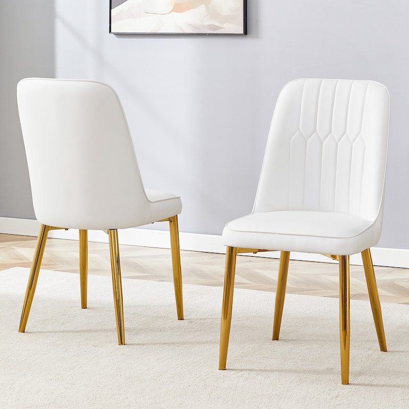 2 modern dining chairs, sleek PU leather backrest, and gold metal legs bring a comfortable home experience to the kitchen
