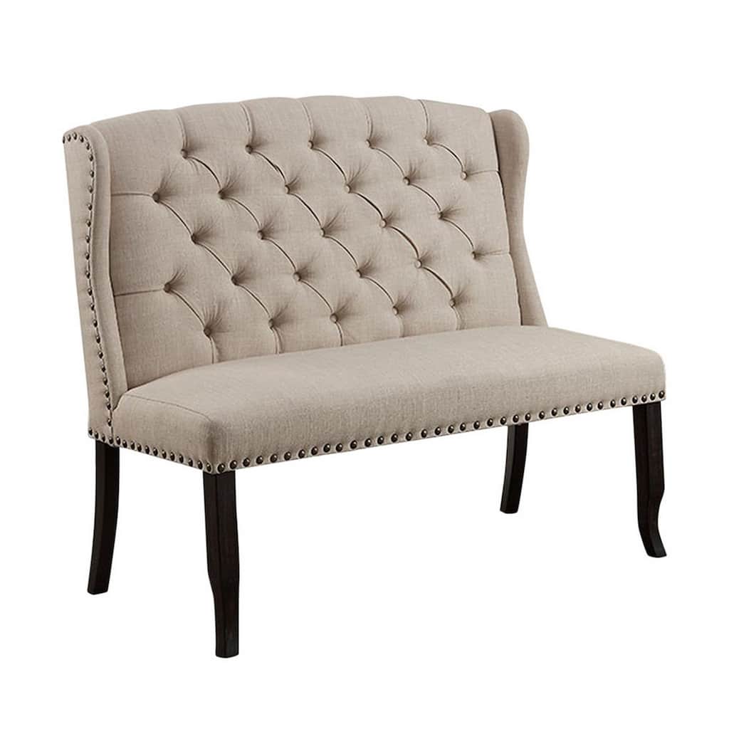 Fabric Upholstered Wing back Bench with Sturdy Wooden Legs, Beige and Black