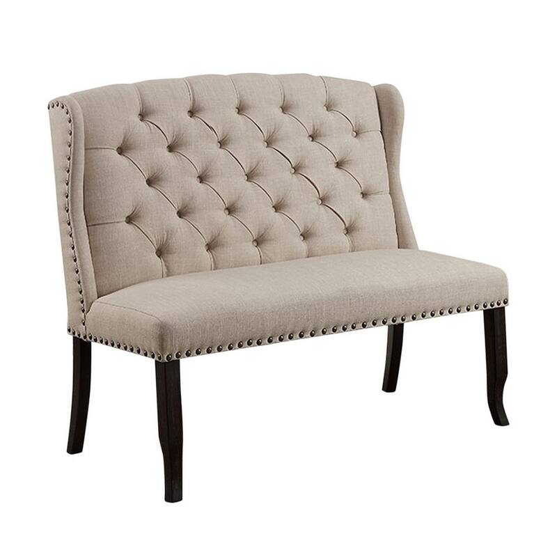 Fabric Upholstered Wing back Bench with Sturdy Wooden Legs, Beige and Black