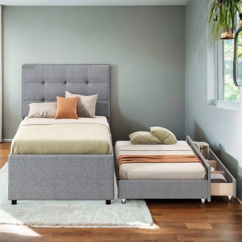 Twin Size Upholstered Platform Bed with Pull-out Twin Size Trundle and 3 Drawers, Gray