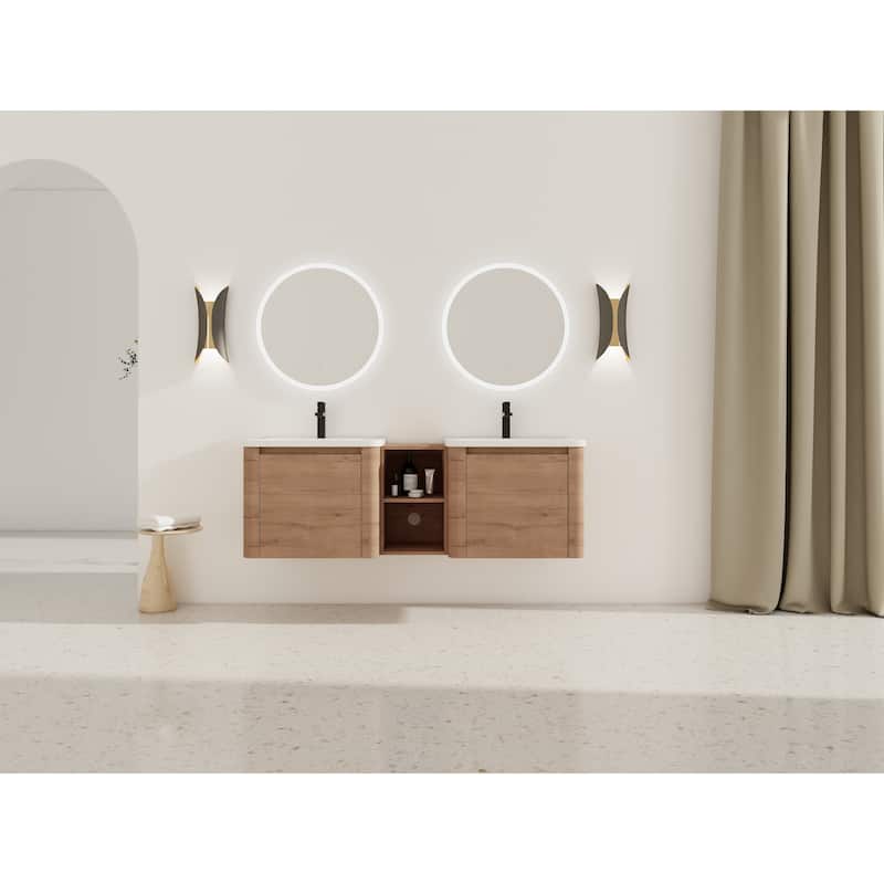 Wall-Mounted Bathroom Vanity with Ceramic Sink and Storage Shelves
