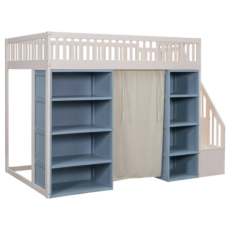 Full Loft Bed with 2 Storage Cabinets, Staircase, and Blackout Curtain, No Box Spring Required, for Kids' Rooms