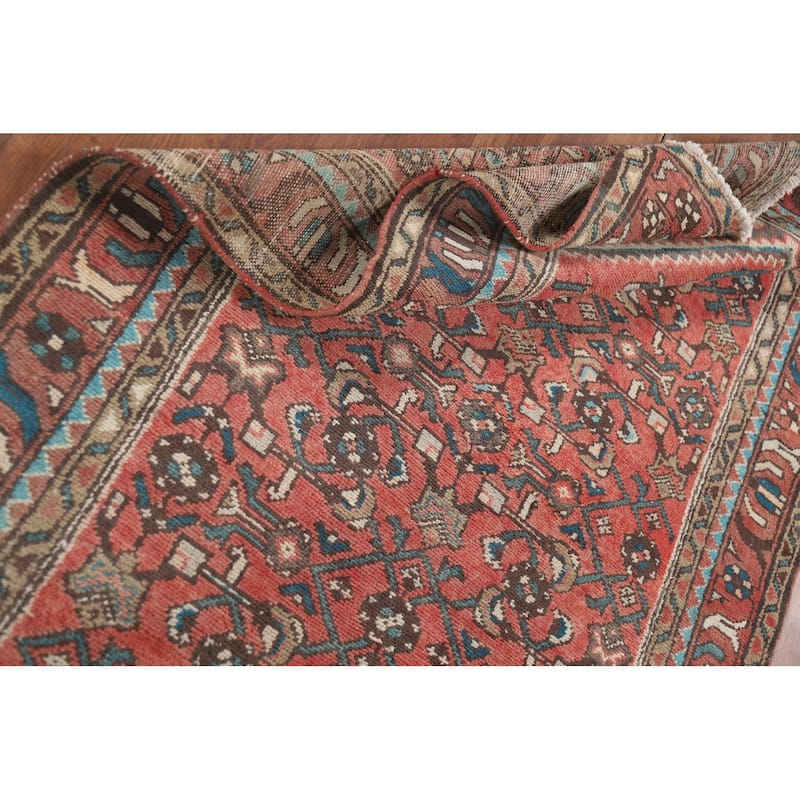 Geometric Hamedan Persian Vintage Runner Rug Hand-Knotted Wool Carpet - 3'7" x 10'3"