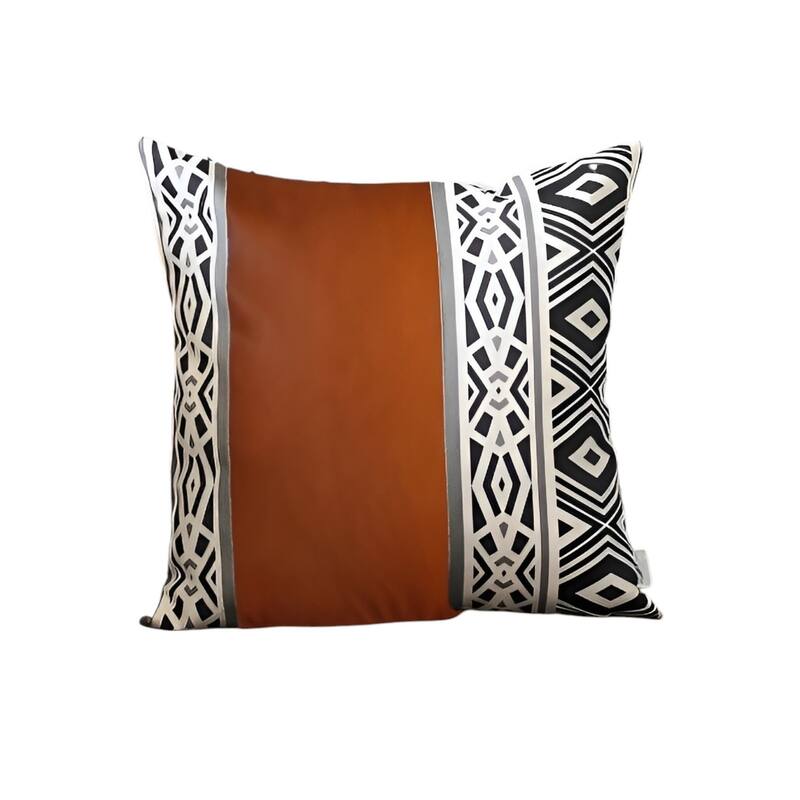 Set of Four 18" Brown Black and White Geometric Fabric and Faux Leather Throw Pillows