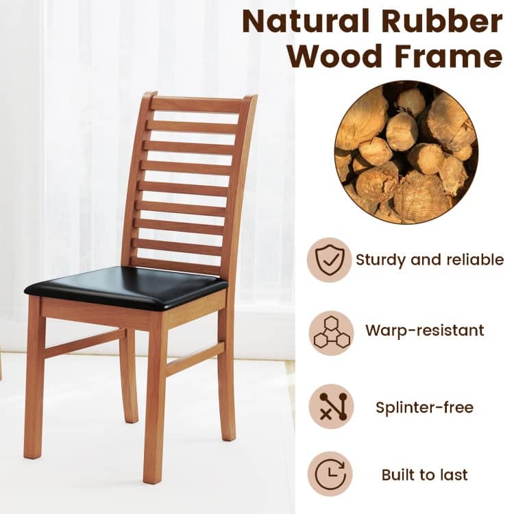 Set of 2 Rubber Wood PU Leather High-Back Farmhouse Dining Chairs Set with Ladder Design - 16" x 21" x 37"