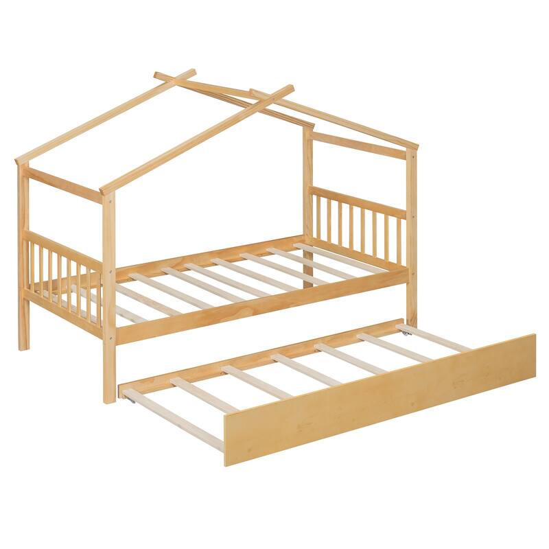 Twin Size Wooden House Bed with Pull-Out Trundle, Natural Finish