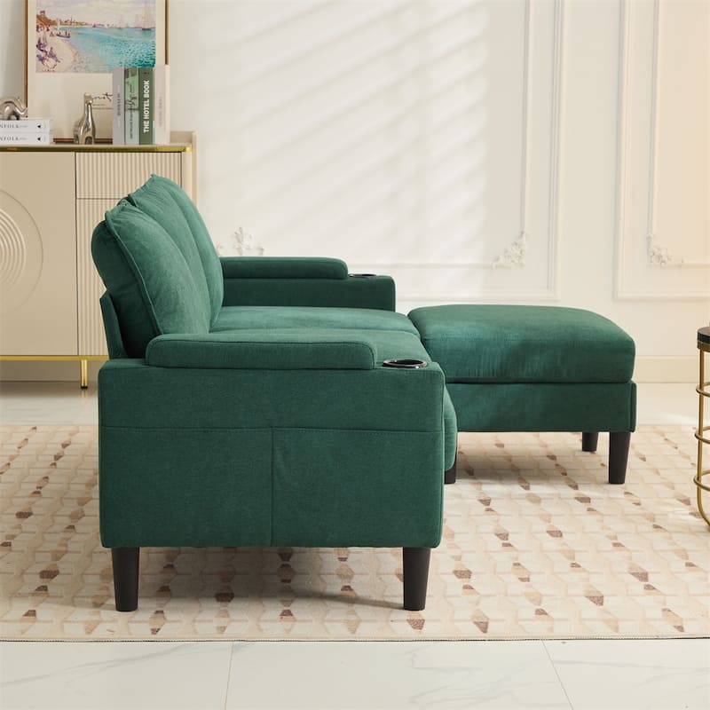 3 Seat L Shaped Sectional Sofa with Storage Ottoman and USB Port - Green