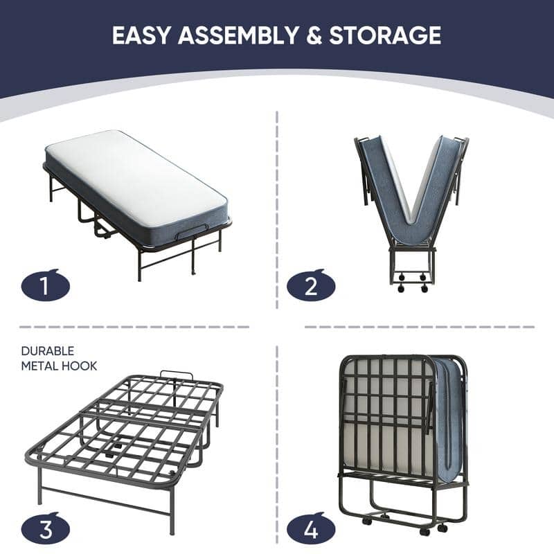 Mixoy Folding Bed with 5''Mattress,Portable Foldable Roll Away Adult Bed for Guest,with Dustproof Bag & Baffle,Twin Size