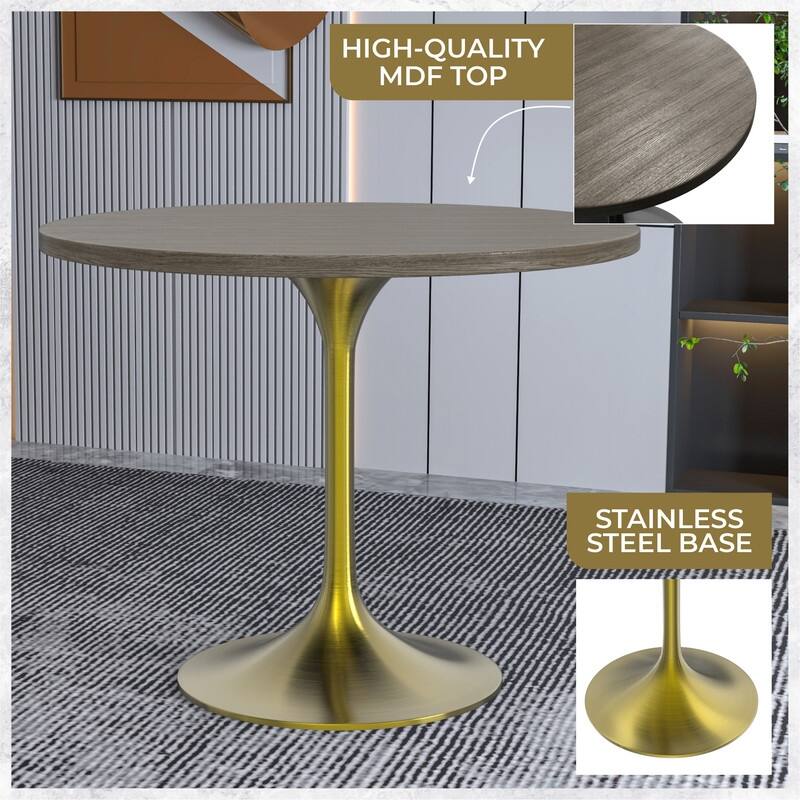 LeisureMod Verve 36" Round Dining Table with MDF Wood TableTop and Brushed Gold Base for Kitchen & Dining Room