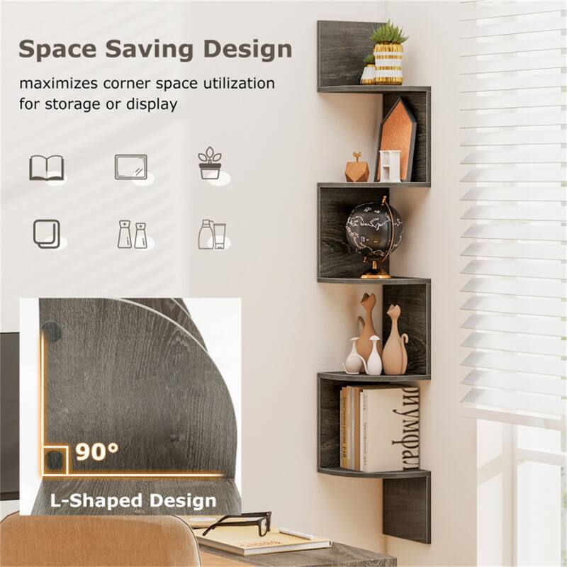 5-Tier Floating Corner Shelf Wall Mounted Organizer for Living Room Bedroom or Kitchen - 8" x 8" x 50"
