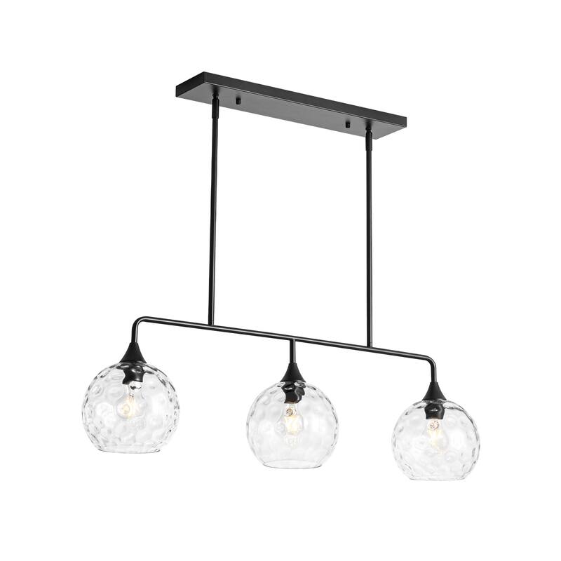 3-Light Modern Black/Brushed Gold Linear Chandelier for Kitchen Island with Clear Textured Glass Globe Shades