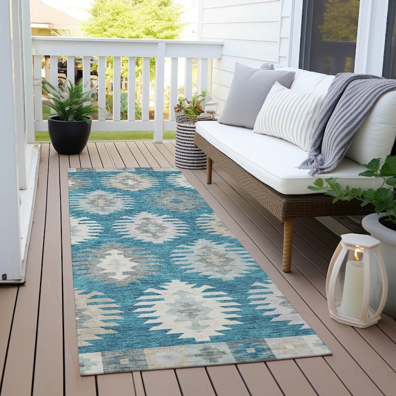 Machine Washable Indoor/ Outdoor Boho Tribal Chantille Rug - Teal - 2'3" x 7'6"