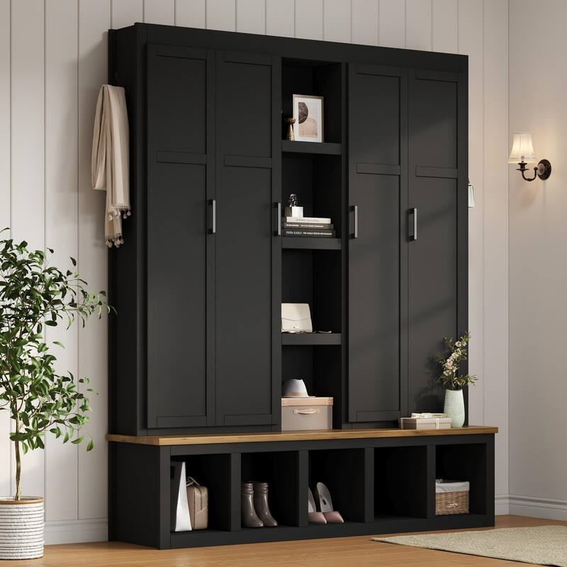 Farmhouse-Style 4-in-1 Hall Tree with Mudroom Bench by Harper&Bright Designs - Black